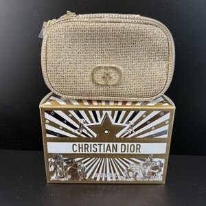 Dior Beauty Gold Glitter Star Vanity Case CD Logo Cosmetic Bag Holiday GWP Box